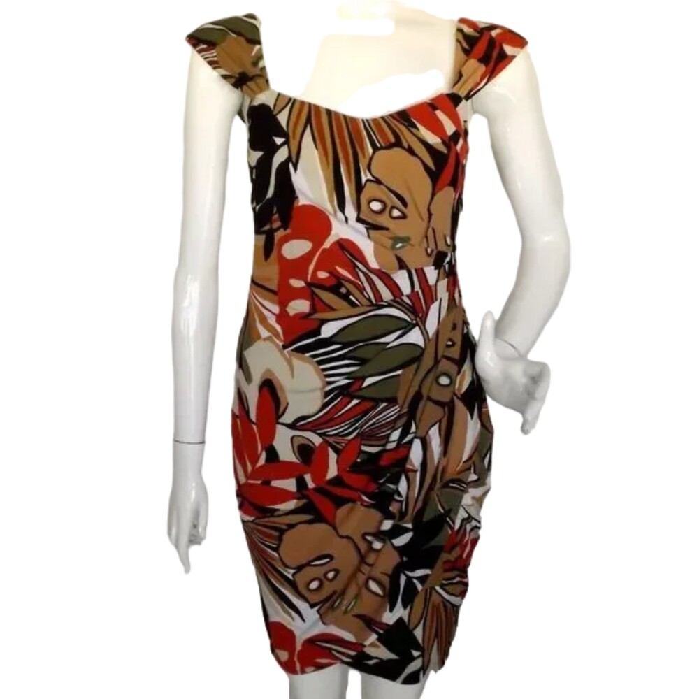 CACHE Dress, XS/S, Multicolor Leaf print, Wide Straps, Faux Wrap skirt, Back Zip